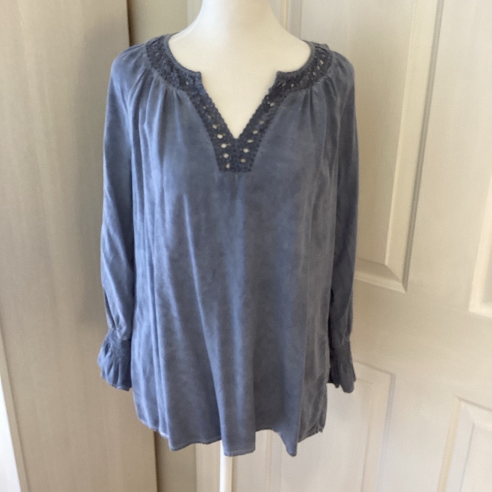 Spense Slate Blue Blouse with Crochet Trim Sz M